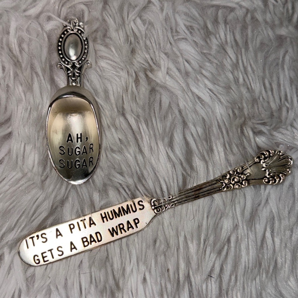Vintage‎ Style Hand Stamped Sugar Scoop & Hummus Spreader Pun Serving Set Silver